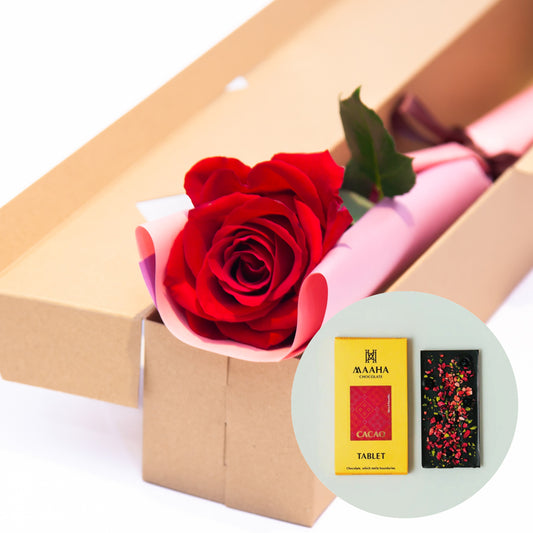【お届け日限定】VALENTINE 1輪ギフトBOX［カカオタブレット（ベリー✕ピスタチオ）付き］