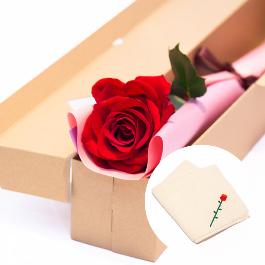 【お届け日限定】VALENTINE 1輪ギフトBOX［アイボリーハンドタオル付き］