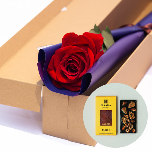 【お届け日限定】VALENTINE 1輪ギフトBOX［カカオタブレット（キャラメリゼナッツ✕イチジク）付き］