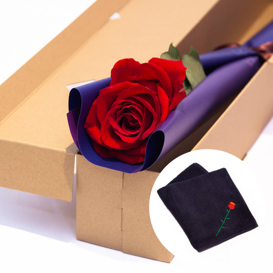 【お届け日限定】VALENTINE 1輪ギフトBOX［ネイビーハンドタオル付き］